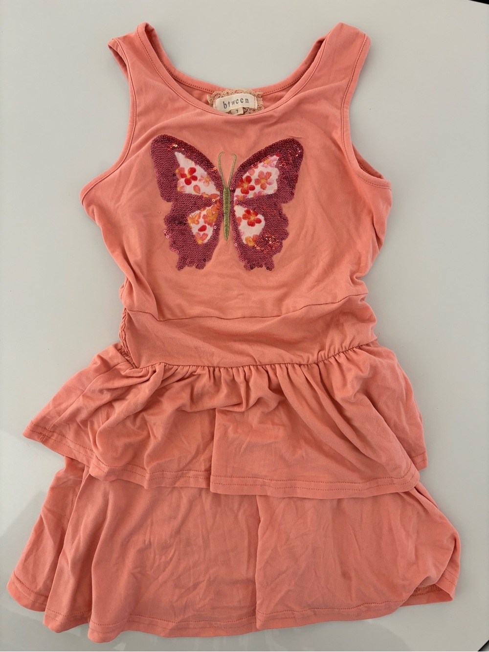 btween Coral Pink Butterfly Sequin Tiered Dress